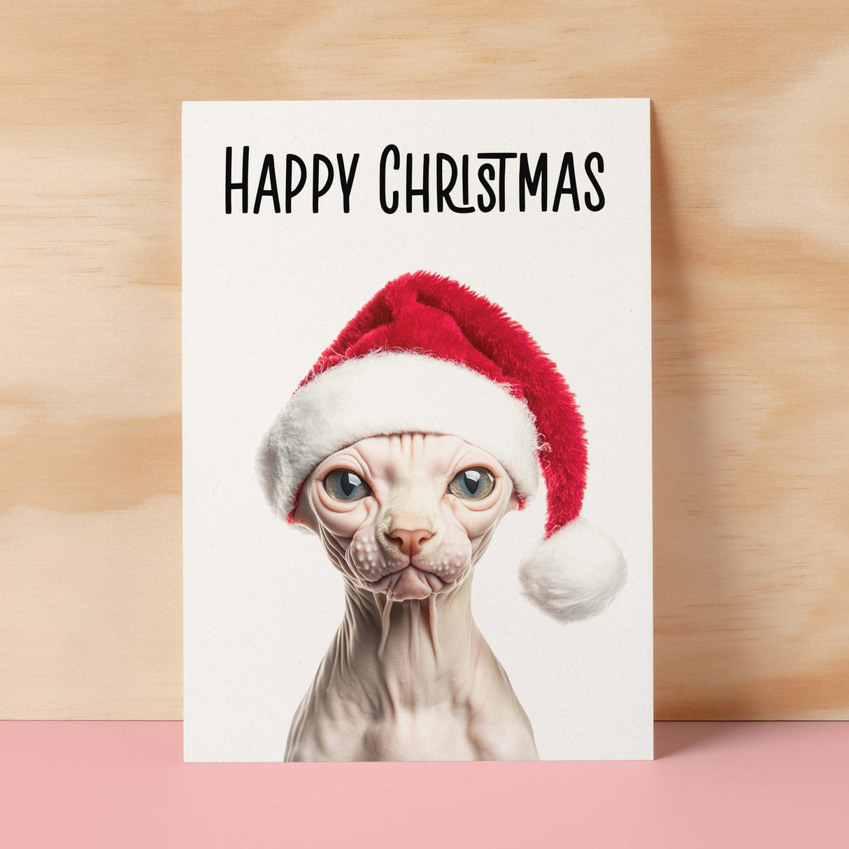 Fun Christmas Card of a Sphynx Cat Wearing A Santa Hat Whimsical Christmas Card For Animal Lover For Him or Her