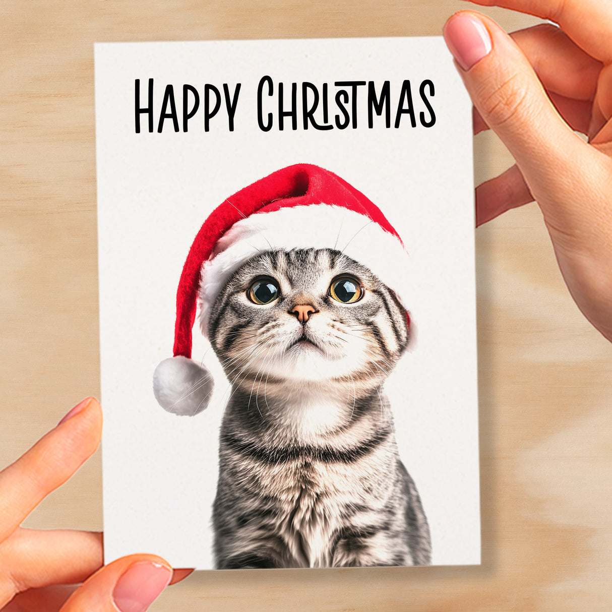 Fun Christmas Card of a Scotish Fold Cat Wearing A Santa Hat Whimsical Christmas Card For Animal Lover For Him or Her