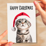 Fun Christmas Card of a Scotish Fold Cat Wearing A Santa Hat Whimsical Christmas Card For Animal Lover For Him or Her