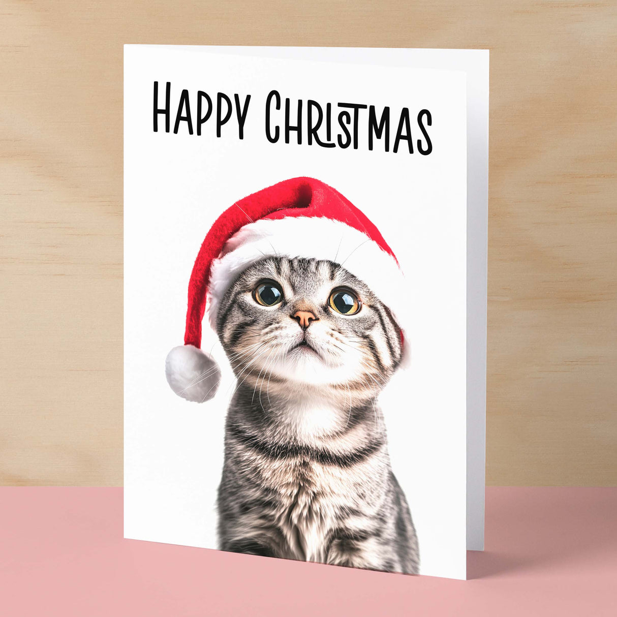 Fun Christmas Card of a Scotish Fold Cat Wearing A Santa Hat Whimsical Christmas Card For Animal Lover For Him or Her