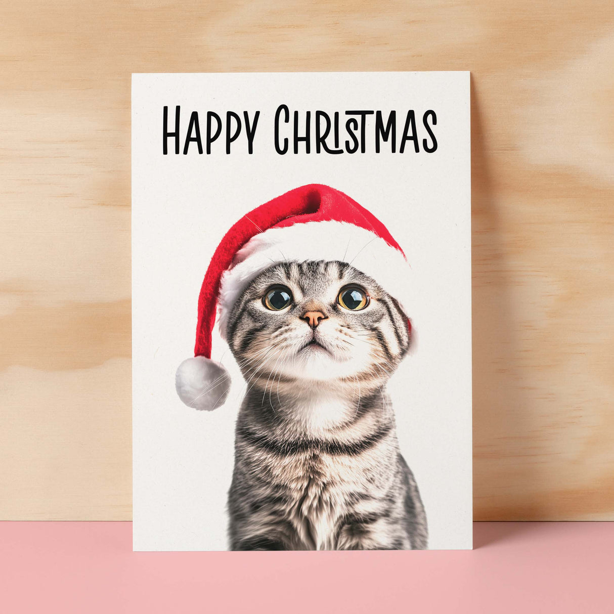 Fun Christmas Card of a Scotish Fold Cat Wearing A Santa Hat Whimsical Christmas Card For Animal Lover For Him or Her