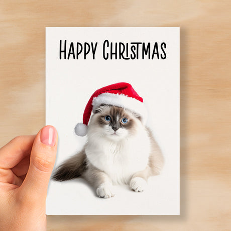 Fun Christmas Card of a Ragdoll Cat Wearing A Santa Hat Whimsical Christmas Card For Animal Lover For Him or Her