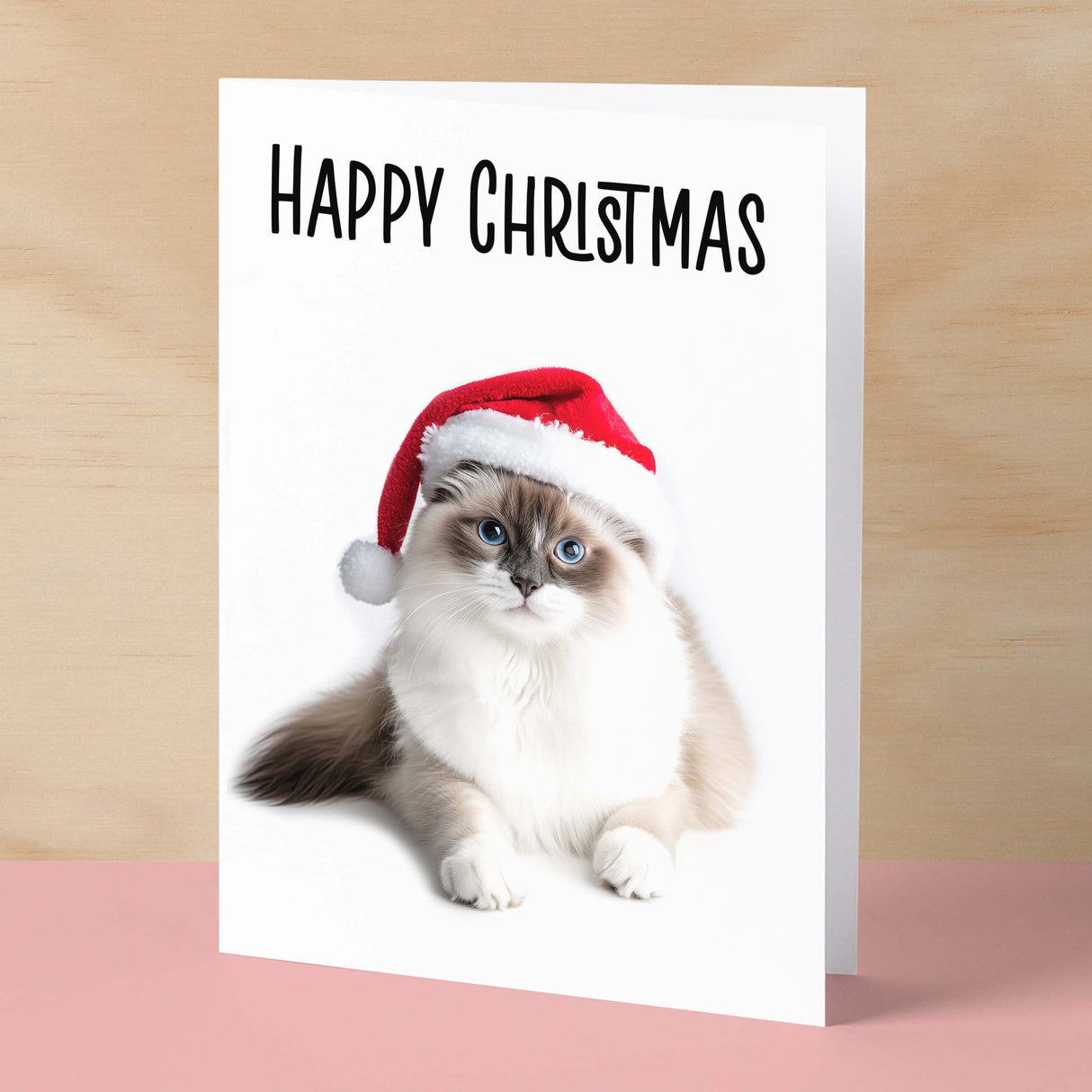 Fun Christmas Card of a Ragdoll Cat Wearing A Santa Hat Whimsical Christmas Card For Animal Lover For Him or Her