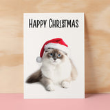 Fun Christmas Card of a Ragdoll Cat Wearing A Santa Hat Whimsical Christmas Card For Animal Lover For Him or Her