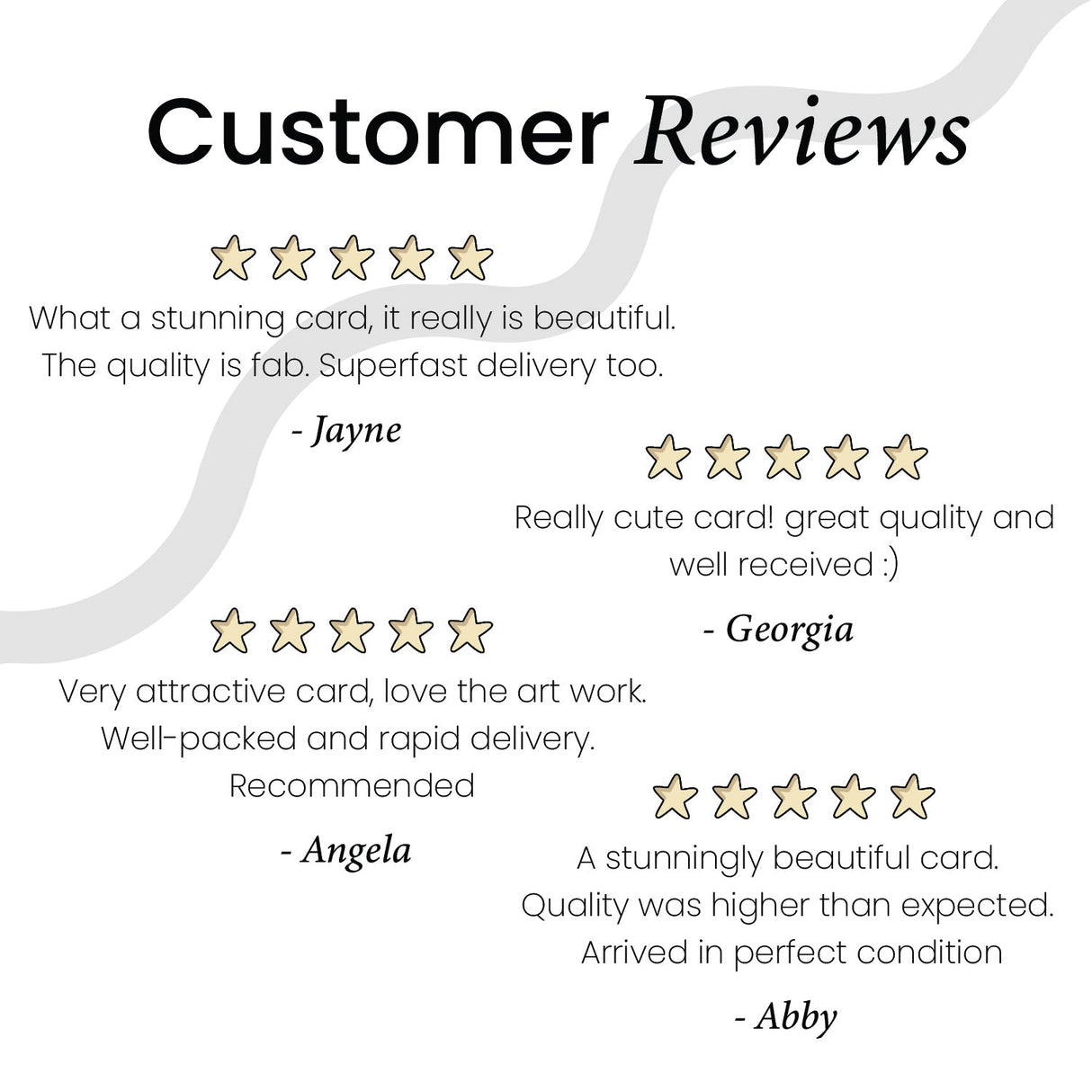 Customer reviews, stunning card, really beautiful. Really cute, great quality card. Very Attactive, well-packed card. Stunning, high quality card.