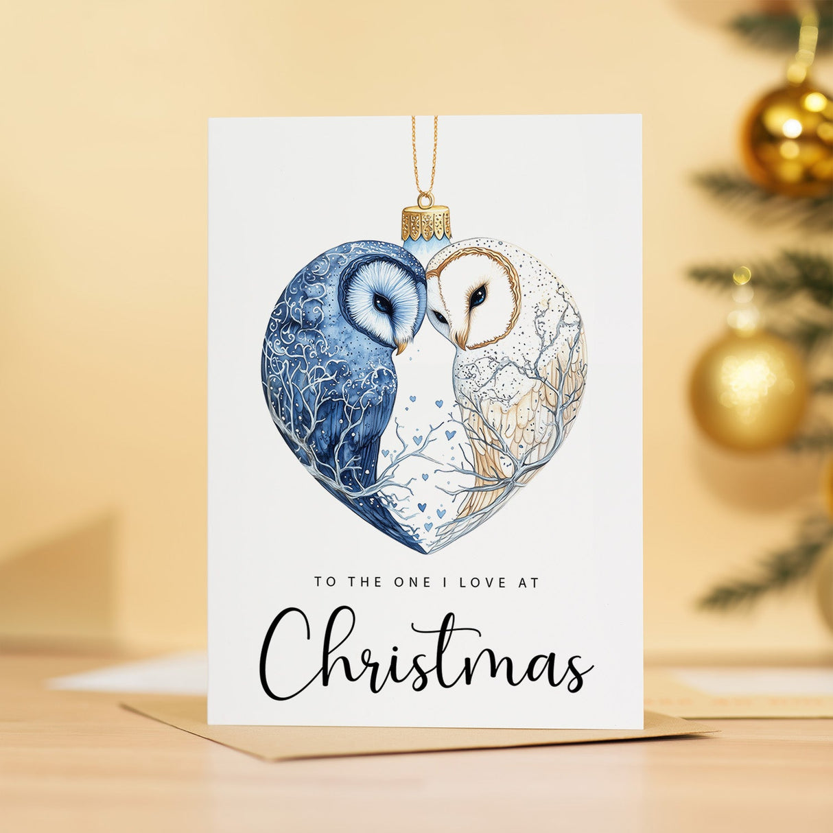 Christmas Card For Loved One Owls Bauble Love Heart Illustration Romantic Christmas Card For The One I Love