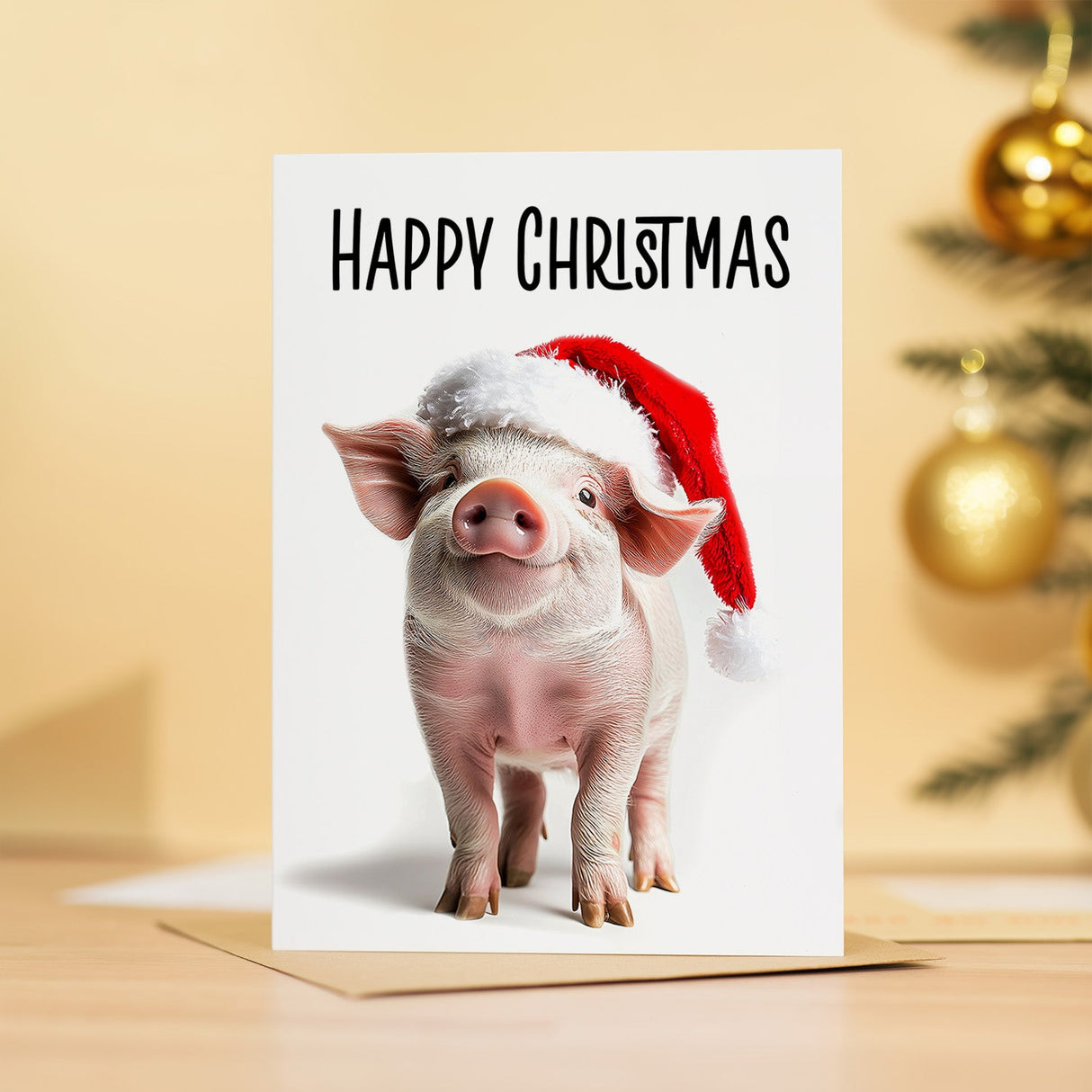 Fun Christmas Card of a Pig Wearing A Santa Hat Whimsical Christmas Card For Animal Lover For Him or Her