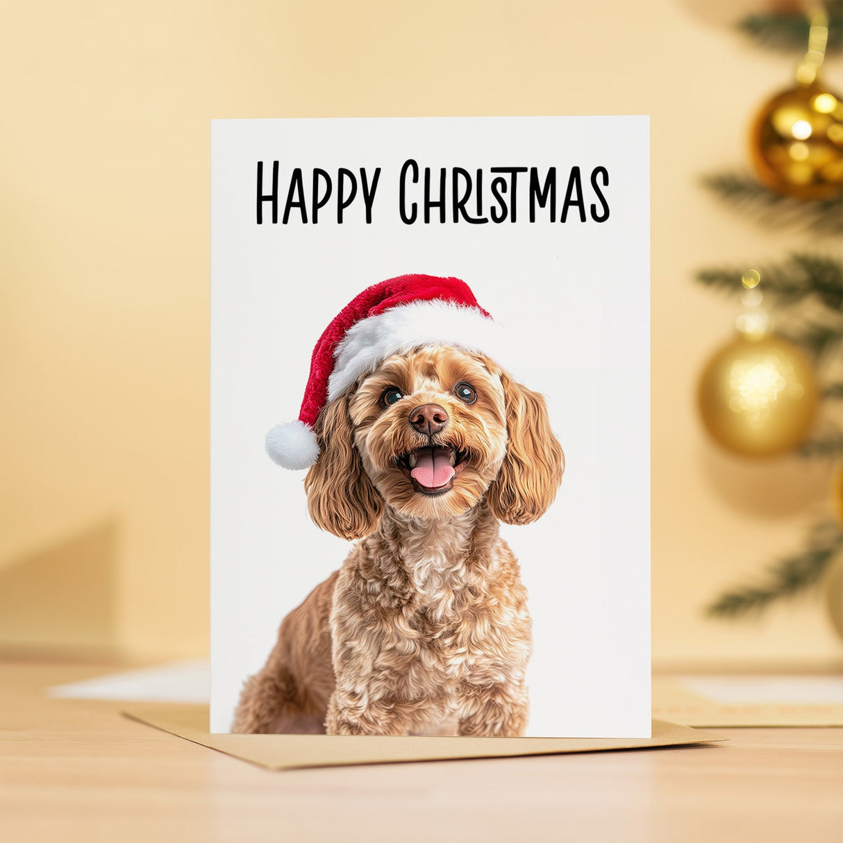 Fun Christmas Card of a Cockerpoo Dog Wearing A Santa Hat Whimsical Christmas Card For Animal Lover For Him or Her