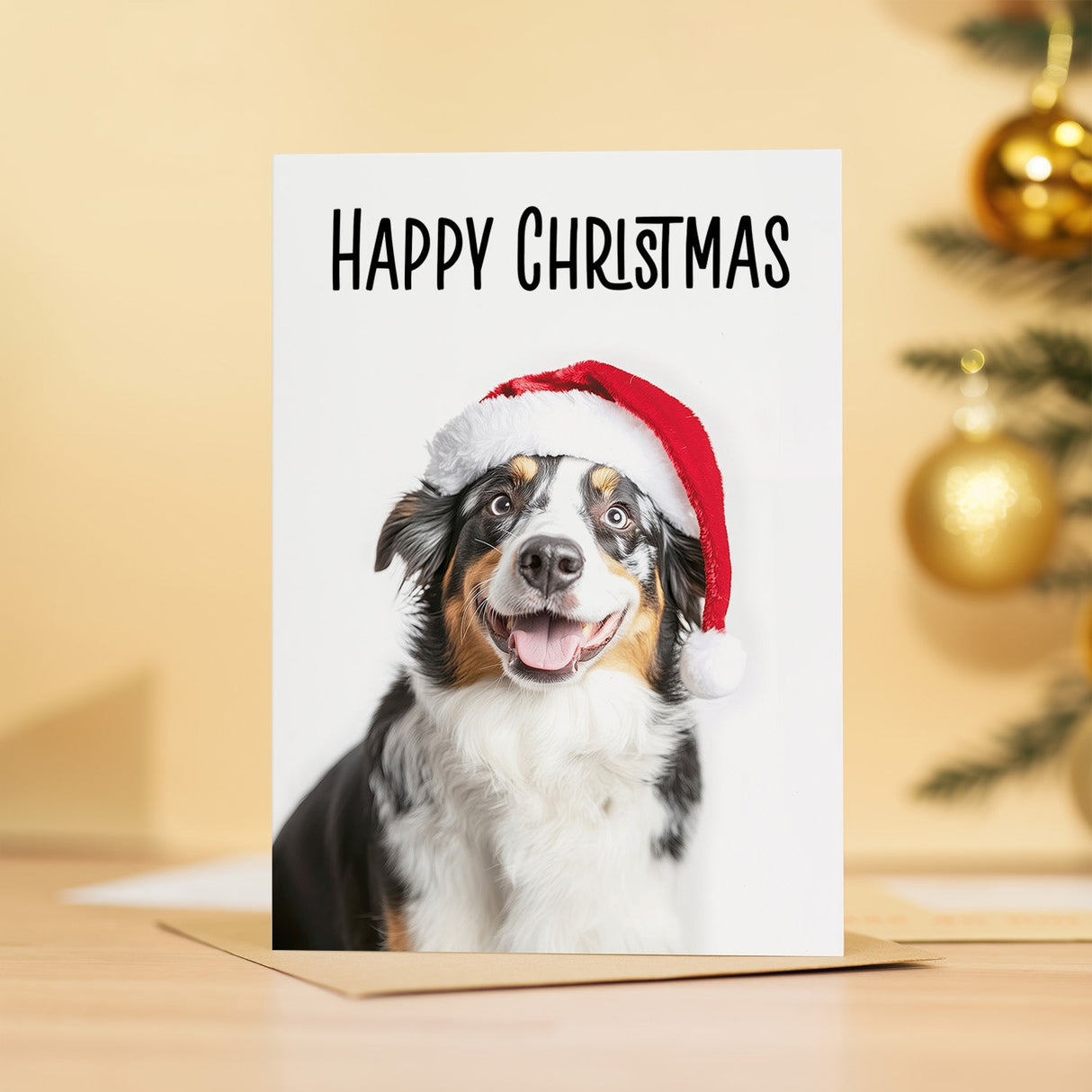 Fun Christmas Card of a Australian Shepherd Dog Wearing A Santa Hat Whimsical Christmas Card For Animal Lover For Him or Her