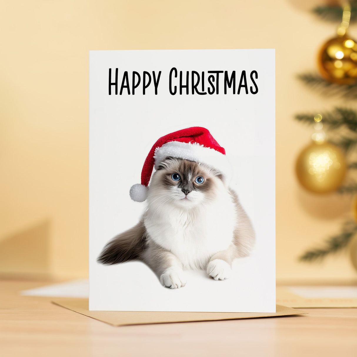 Fun Christmas Card of a Ragdoll Cat Wearing A Santa Hat Whimsical Christmas Card For Animal Lover For Him or Her