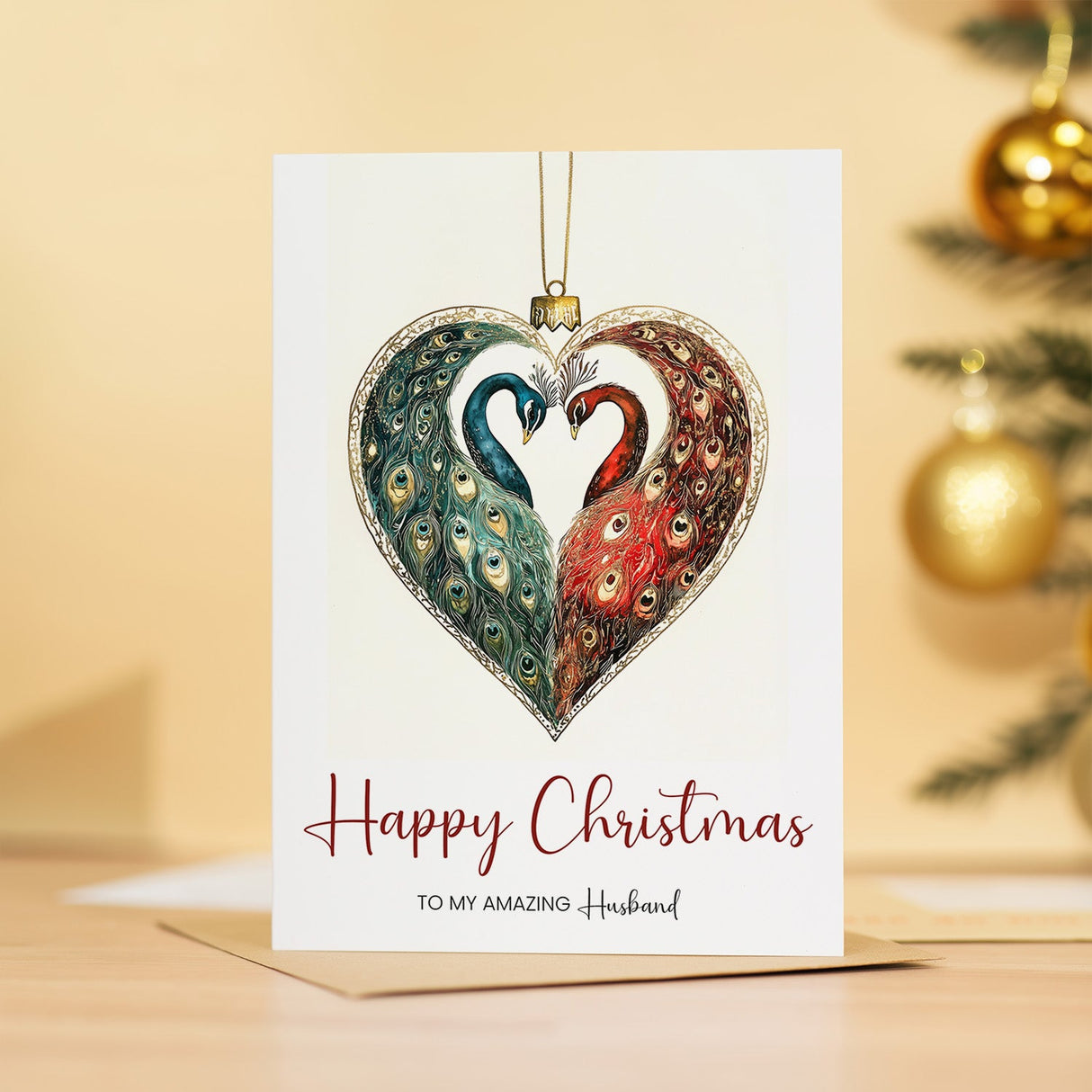 Christmas Card, Amazing Husband, From Wife, Unique Pretty Peacock Bauble Design