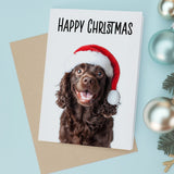 Fun Christmas Card of a Chocolate Cocker Spaniel Dog Wearing A Santa Hat Whimsical Christmas Card For Animal Lover For Him or Her