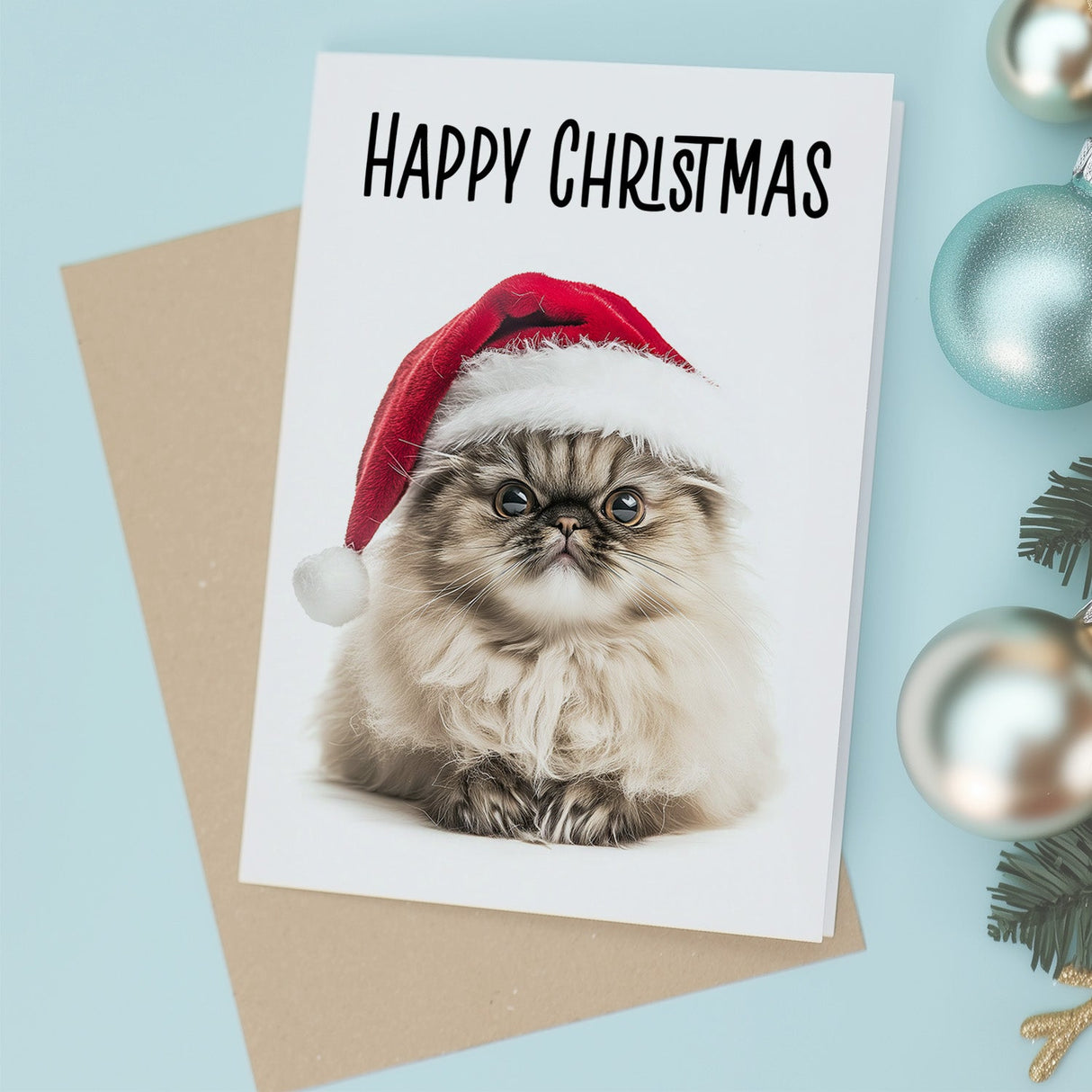 Fun Christmas Card of a Persian Cat Wearing A Santa Hat Whimsical Christmas Card For Animal Lover For Him or Her