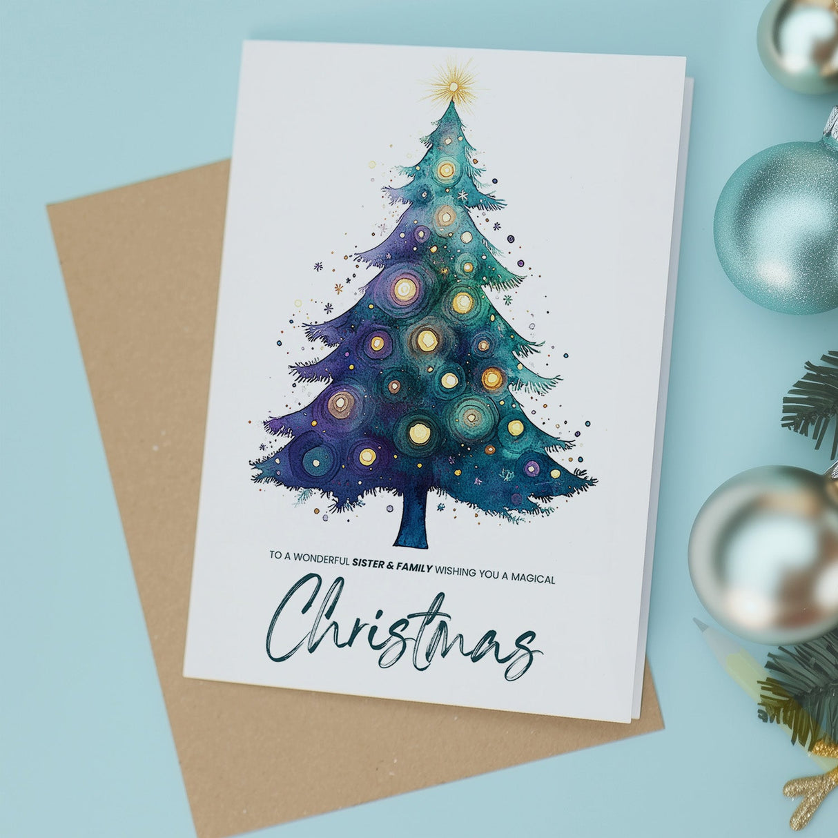 Sister & Family Christmas Card, Watercolour Christmas Tree Design, For Her, Christmas Card