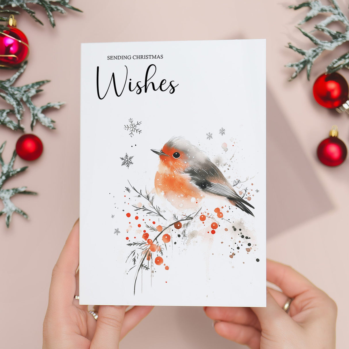 Elegant Christmas Card Featuring a Watercolour Robin Illustration Christmas Wishes Robin Christmas Card