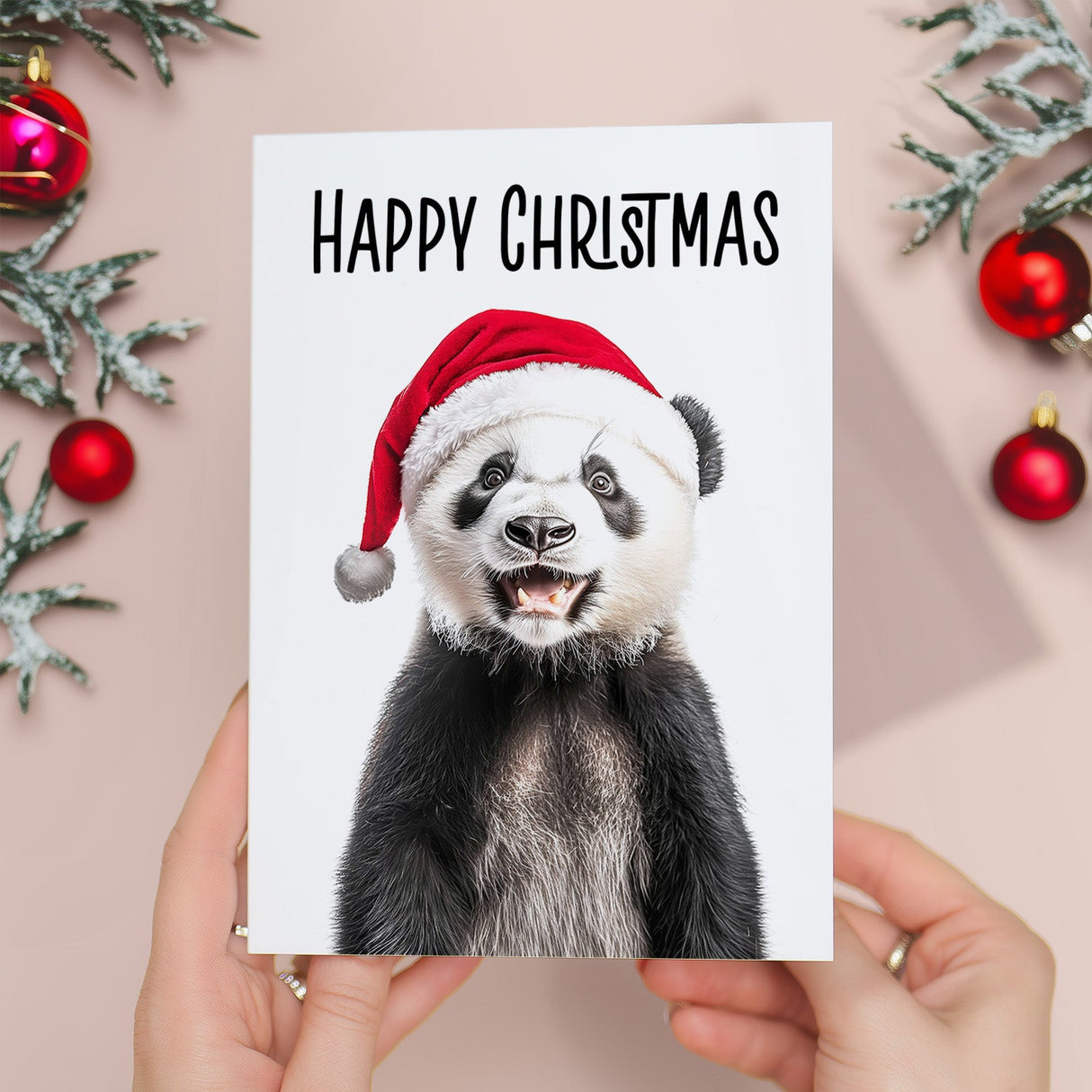 Fun Christmas Card of a Panda Wearing A Santa Hat Whimsical Christmas Card For Animal Lover For Him or Her