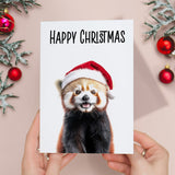 Fun Christmas Card of a Red Panda Wearing A Santa Hat Whimsical Christmas Card For Animal Lover For Him or Her