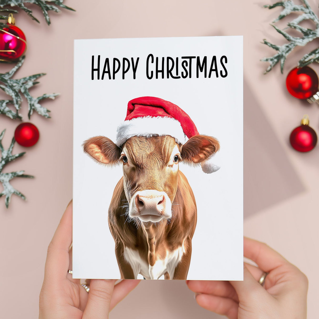 Christmas Cow Card Santa Hat Whimsical Animal Lover Card For Him or Her