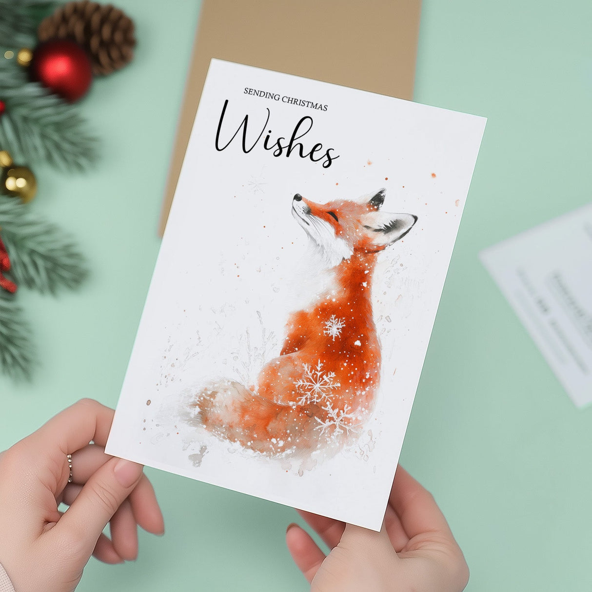 Elegant Christmas Card Featuring a Watercolour Fox Illustration Christmas Wishes Fox Christmas Card