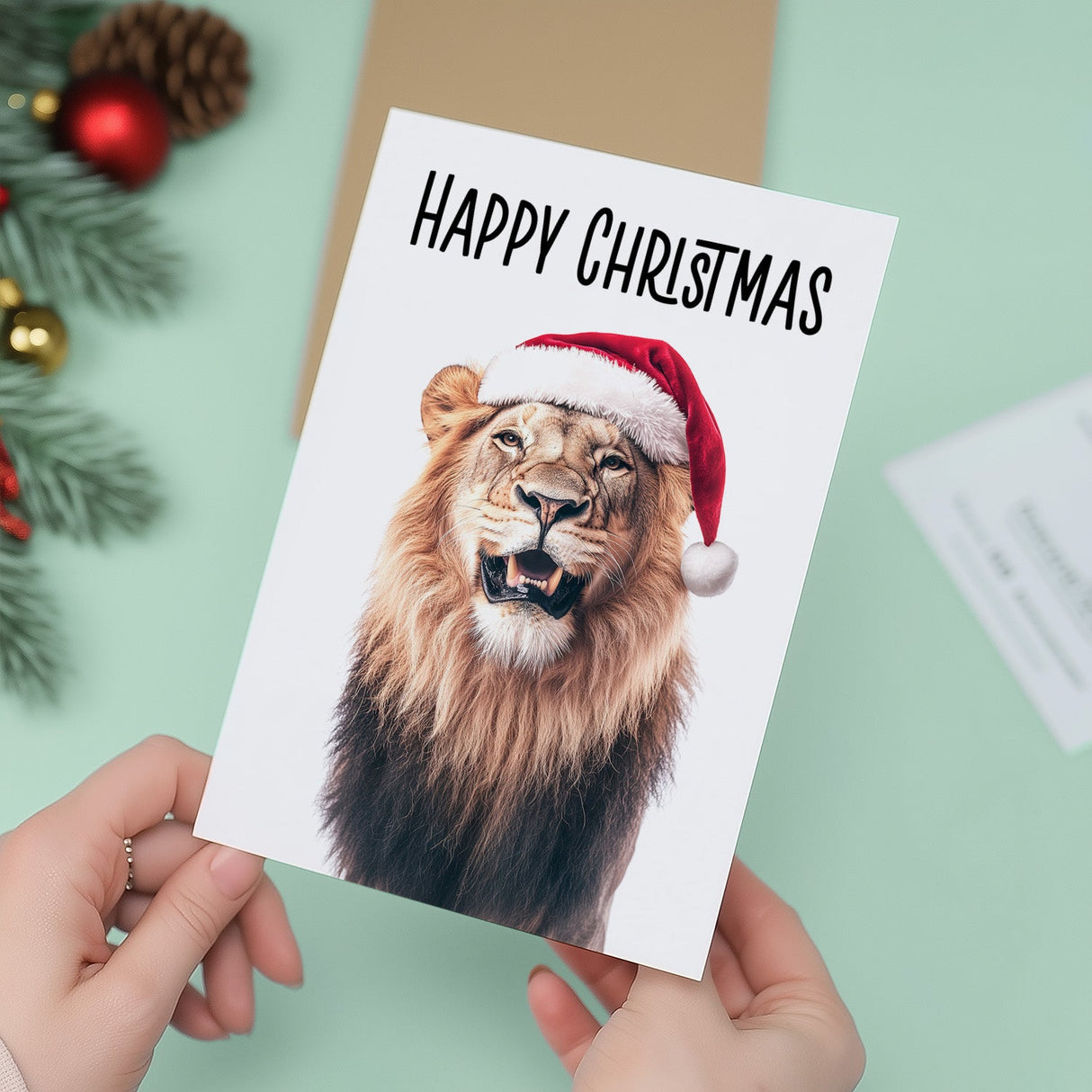 Fun Christmas Card of a Lion Wearing A Santa Hat Whimsical Christmas Card For Animal Lover For Him or Her