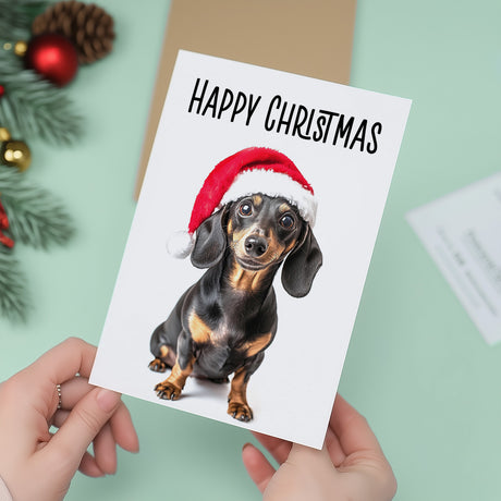 5 x Fun Christmas Card of a Dachshund Dog Wearing A Santa Hat Whimsical Christmas Card For Animal Lover For Him or Her