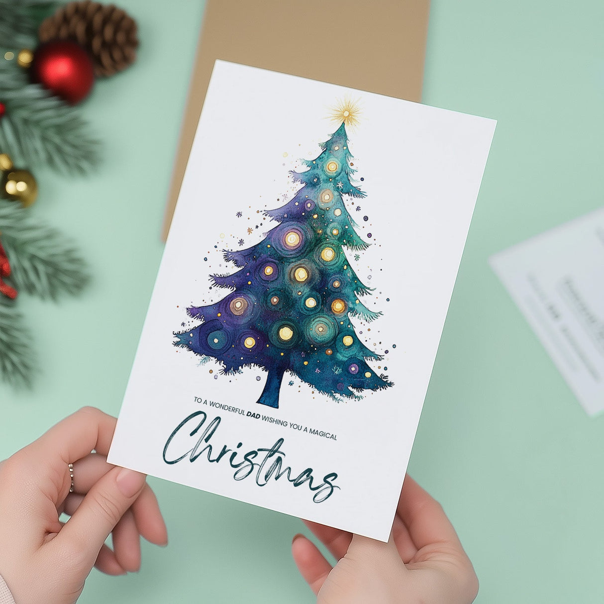 Dad Christmas Card, Watercolour Christmas Tree Design, For Him, Christmas Card