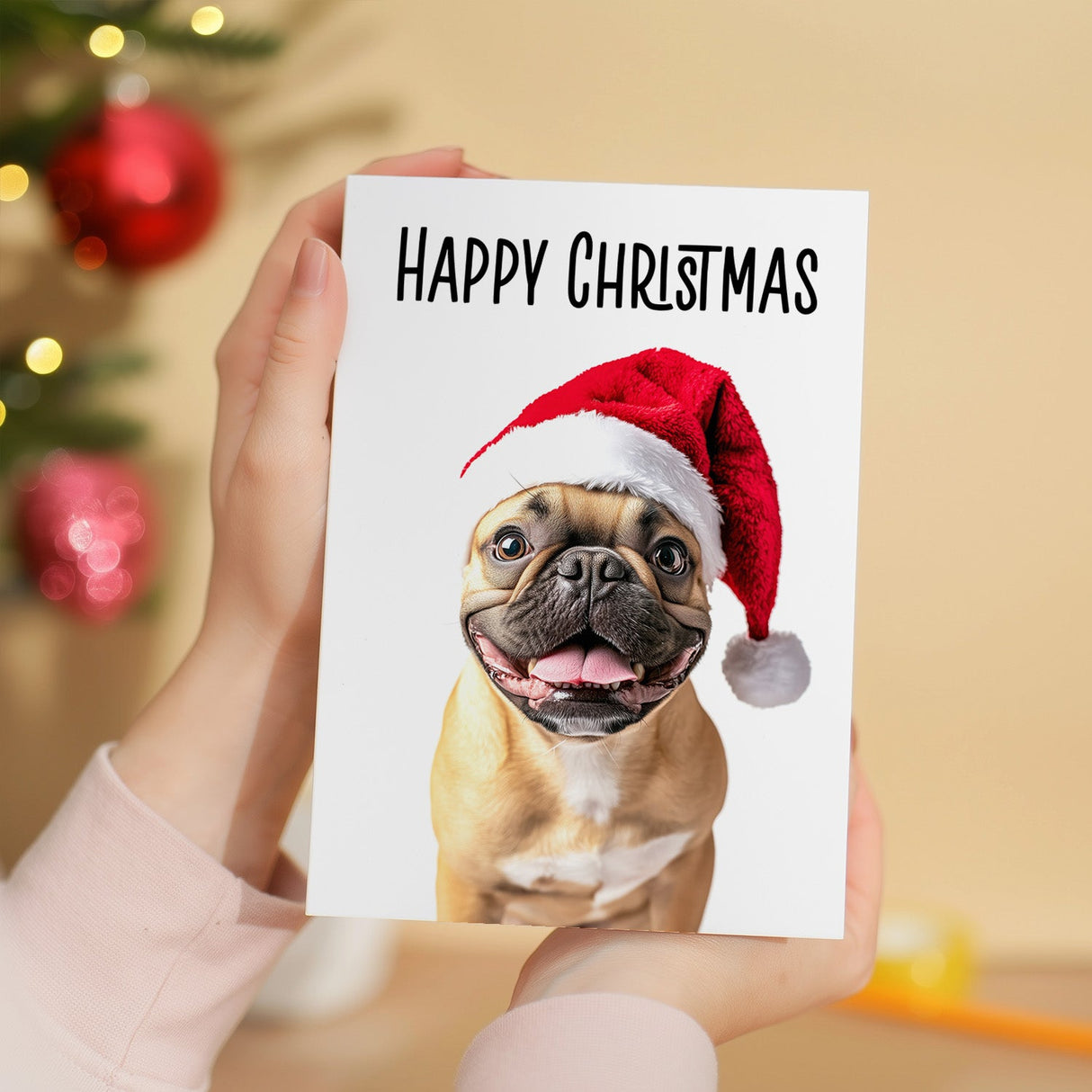 Fun Christmas Card of a French Bulldog Wearing A Santa Hat Whimsical Christmas Card For Animal Lover For Him or Her