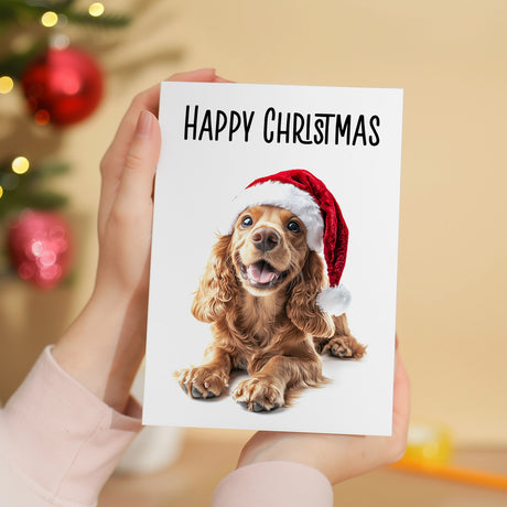 5 x Fun Christmas Card of a Red Cocker Spaniel Dog Wearing A Santa Hat Whimsical Christmas Card For Animal Lover For Him or Her