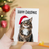 Fun Christmas Card of a Maine Coon Cat Wearing A Santa Hat Whimsical Christmas Card For Animal Lover For Him or Her