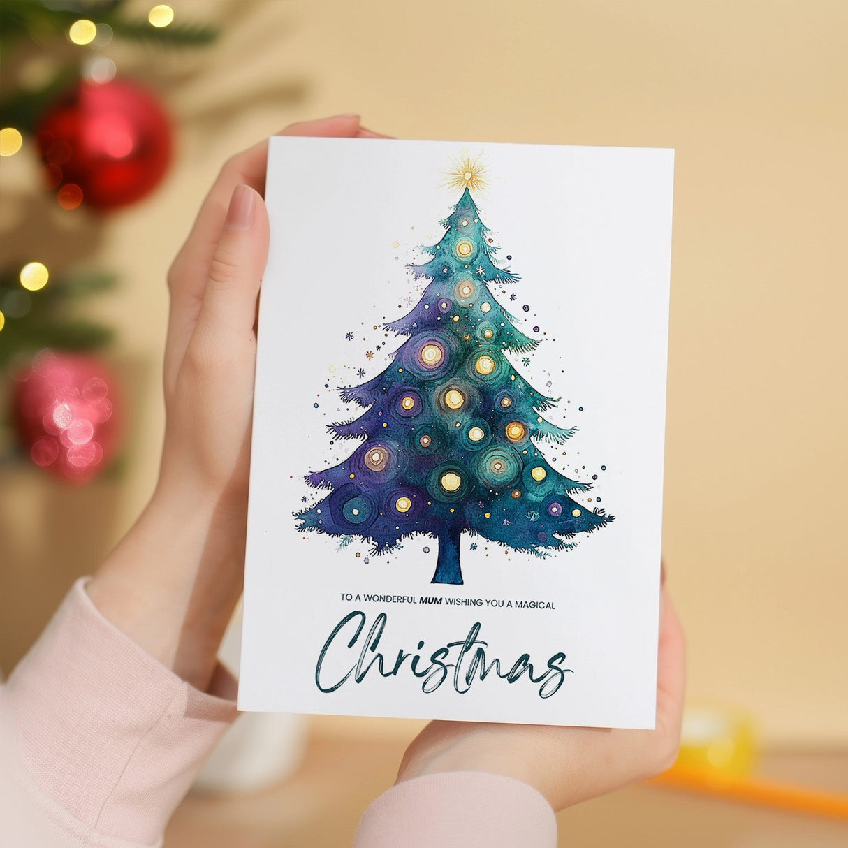 Mum Christmas Card, Watercolour Christmas Tree Design, For Her, Christmas Card