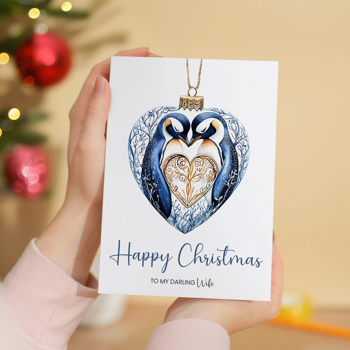 Christmas Card, Darling Wife From Husband, Unique Pretty Penguin Bauble Design