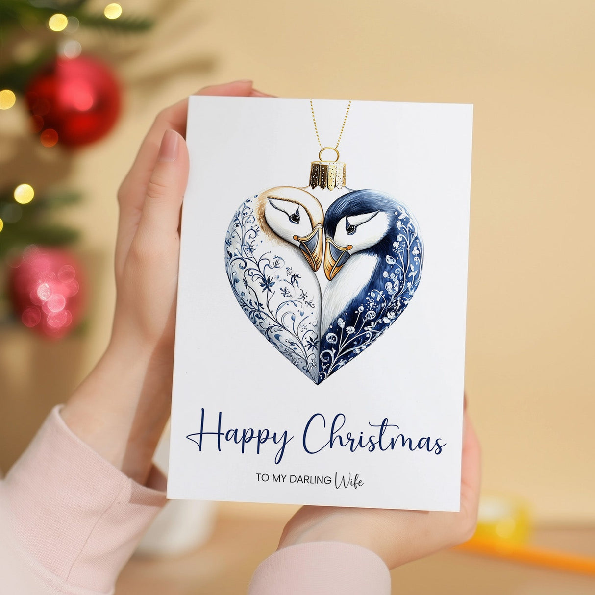 Christmas Card, Darling Wife, Pretty Puffin Bauble, From Husband, Unique Design