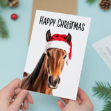 Fun Christmas Card of a Horse Wearing A Santa Hat Whimsical Christmas Card For Animal Lover For Him or Her