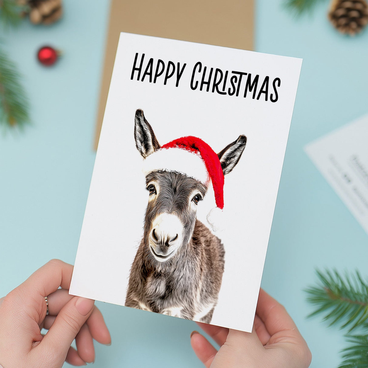 Fun Christmas Card of a Donkey Wearing A Santa Hat Whimsical Christmas Card For Animal Lover For Him or Her