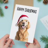 Fun Christmas Card of a Golden Retriever Dog Wearing A Santa Hat Whimsical Christmas Card For Animal Lover For Him or Her