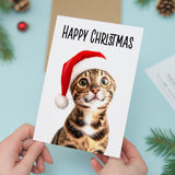 Fun Christmas Card of a Bengal Cat Wearing A Santa Hat Whimsical Christmas Card For Animal Lover For Him or Her