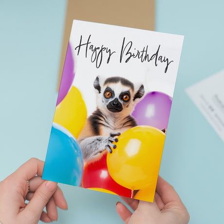 Fun Birthday Card Featuring A Cute Lemur and Colourful Birthday Balloons For Boys Or Girls Him Or Her