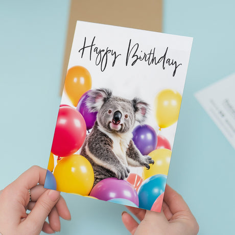 Fun Birthday Card Featuring A Cute Koala and Colourful Birthday Balloons For Boys Or Girls Him Or Her