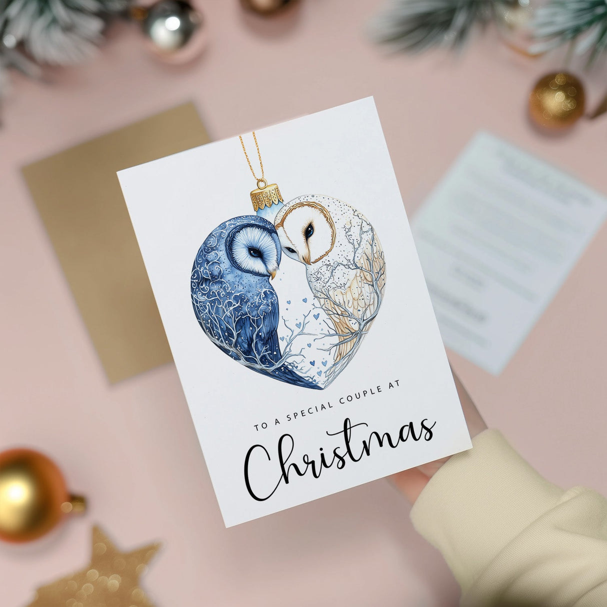 Christmas Card For Couple Owls Bauble Love Heart Illustration Romantic Christmas Card For Special Couple