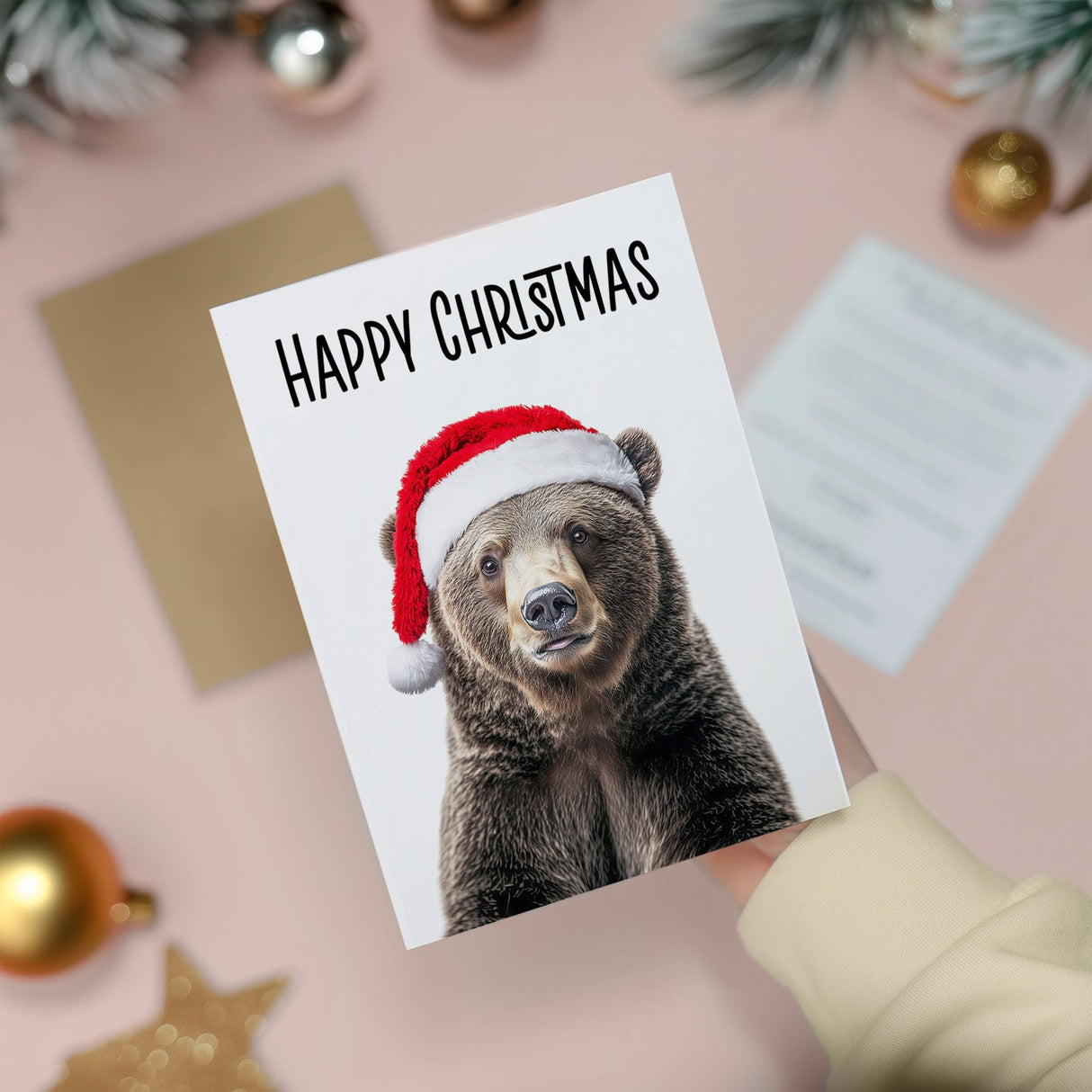 Christmas Card Bear Santa Hat Whimsical Animal Lover for Him or Her