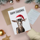 Fun Christmas Card of a Goat Wearing A Santa Hat Whimsical Christmas Card For Animal Lover For Him or Her