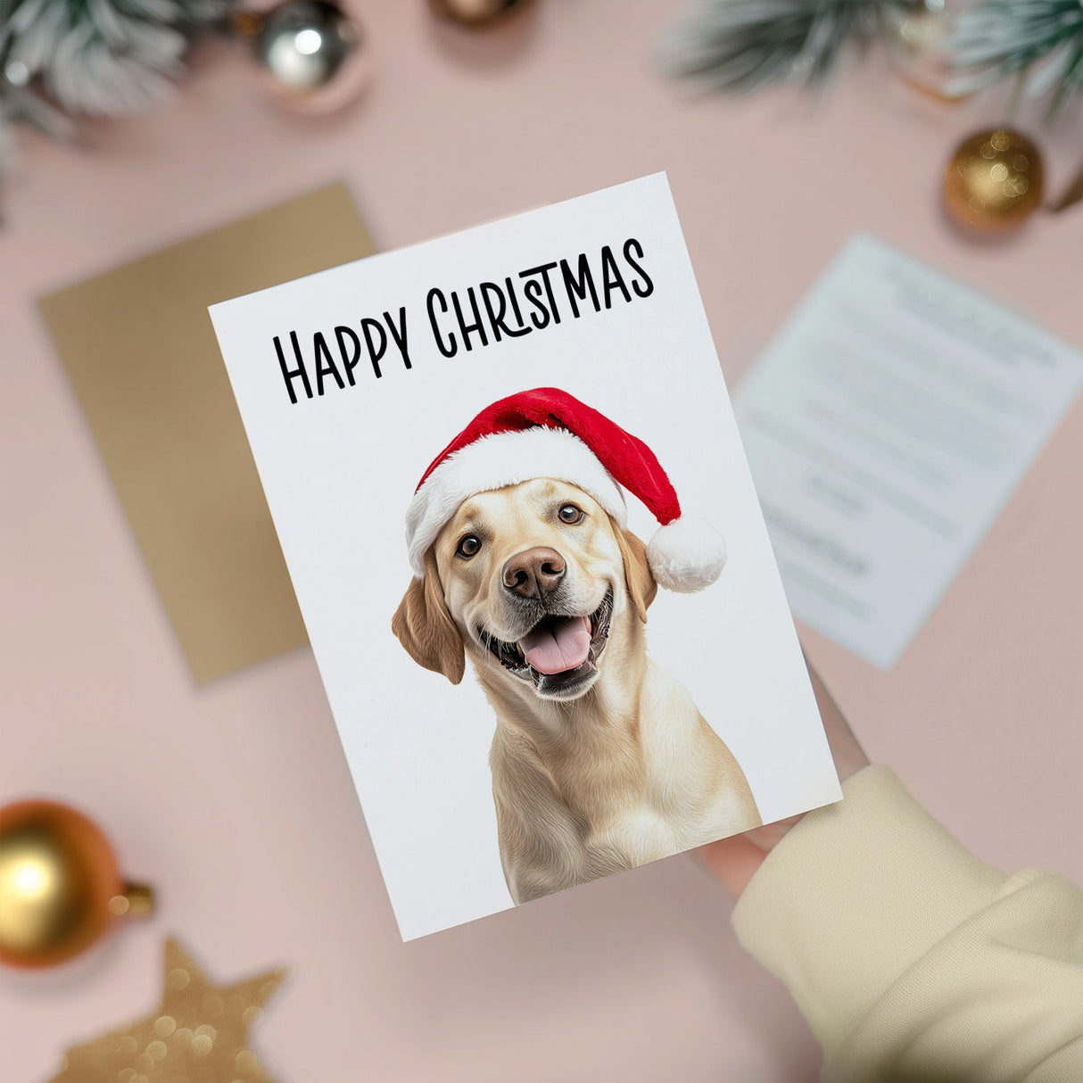 Fun Christmas Card of a Golden Labrador Dog Wearing A Santa Hat Whimsical Christmas Card For Animal Lover For Him or Her