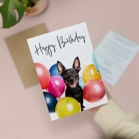 Fun Birthday Card Featuring A Cute Dog and Colourful Birthday Balloons For Boys Or Girls Him Or Her