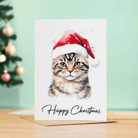 Christmas Card with Tabby Cat in Santa Hat Fun Gift for Anyone