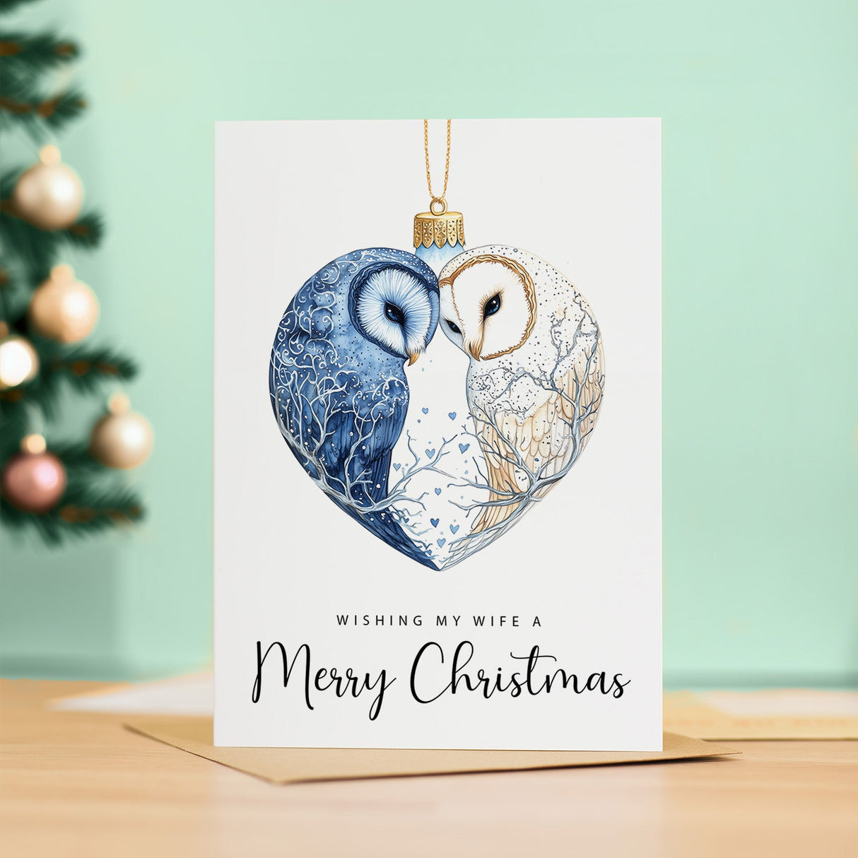 Christmas Card For Wife Owls Bauble Love Heart Illustration Romantic Christmas Card For Wife