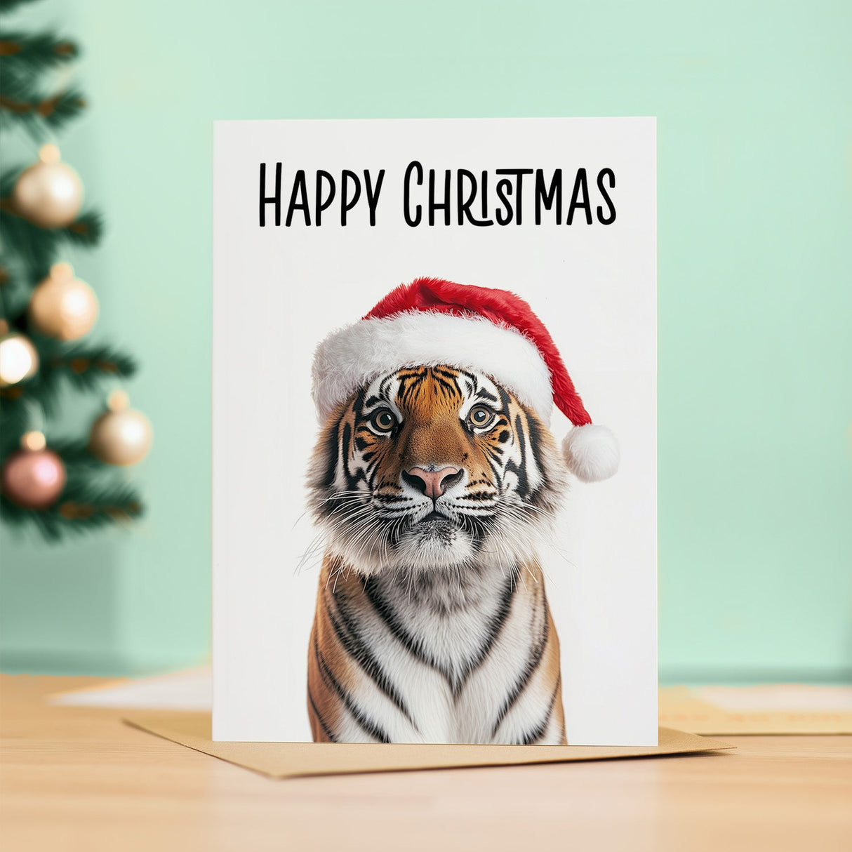 Fun Christmas Card of a Tiger Wearing A Santa Hat Whimsical Christmas Card For Animal Lover For Him or Her