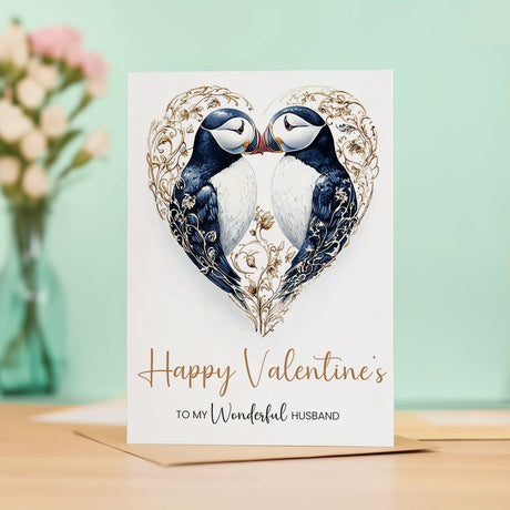 Valentine's Day Card for Husband, Unique Design, Special, Elegant Puffin Heart