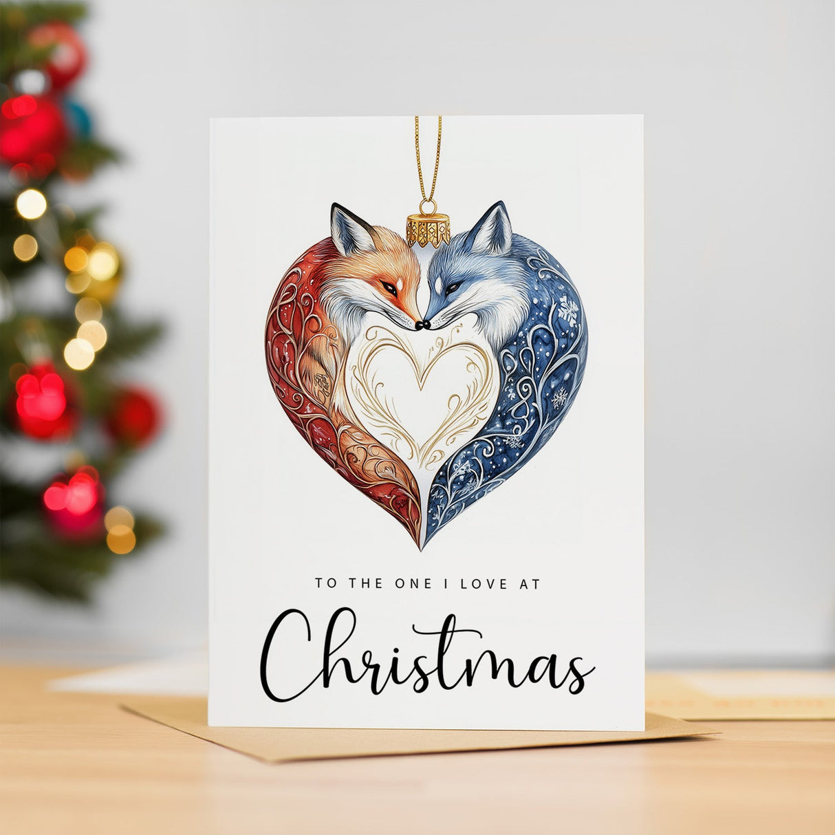 Christmas Card For Loved One Foxes Bauble Love Heart Illustration Romantic Christmas Card For The One I Love