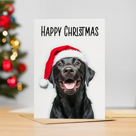 5 x Fun Christmas Card of a Black Labrador Dog Wearing A Santa Hat Whimsical Christmas Card For Animal Lover For Him or Her