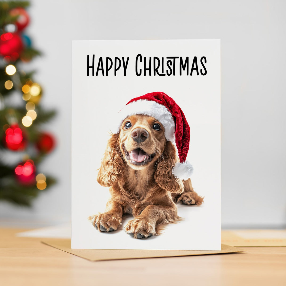 Fun Christmas Card of a Red Cocker Spaniel Dog Wearing A Santa Hat Whimsical Christmas Card For Animal Lover For Him or Her